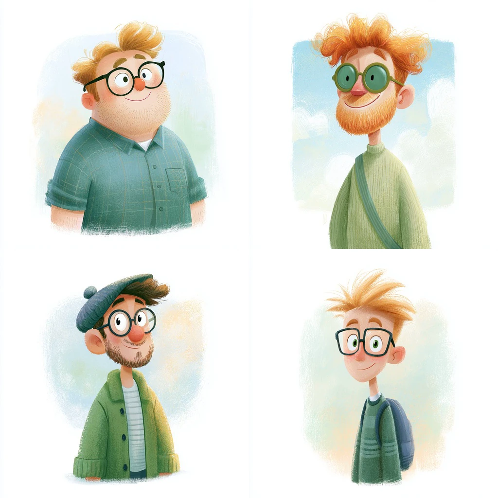 Additional Warm Gouache & Colored Pencil Storybook Character references