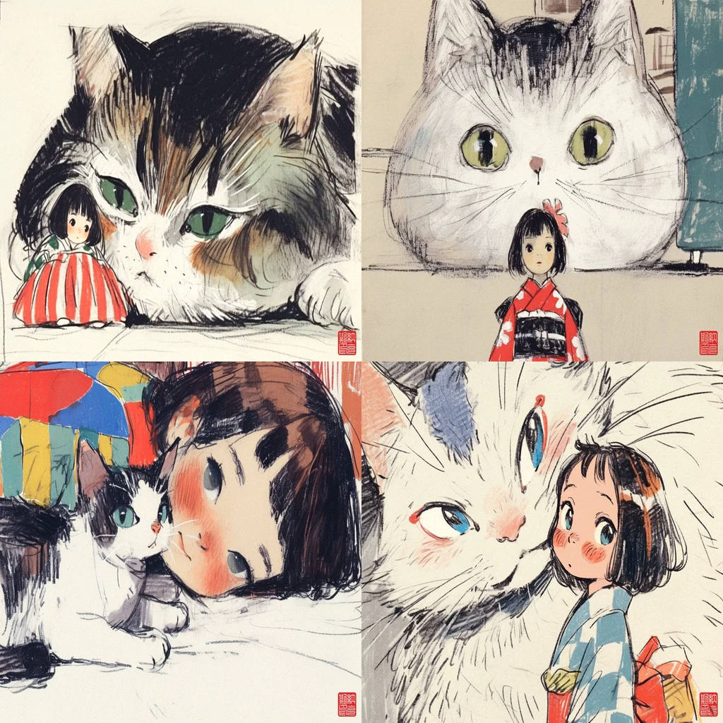 Additional Soft Crayon & Sumi-e Cat Storybook references