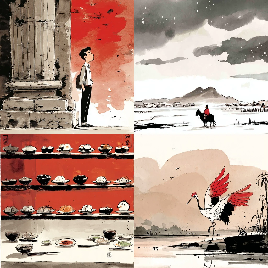 Additional Modern Minimalist Sumi-e & Red Gouache Illustration references
